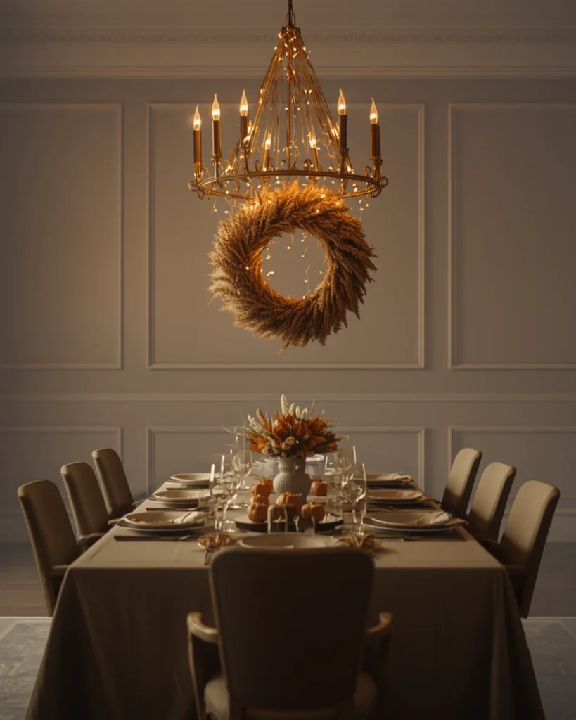 Modern minimalist Thanksgiving dining table setting beneath an elegant candle-style chandelier decorated with a natural wheat wreath and fairy lights
