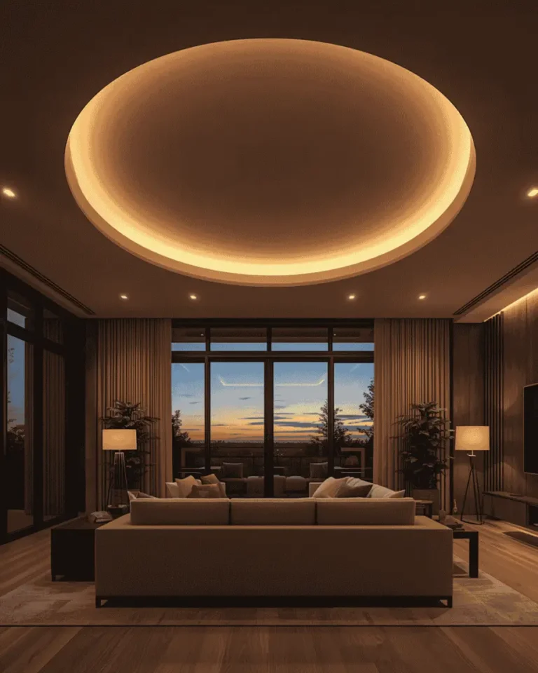 Circular tray ceiling with warm cove lighting above a modern living room at dusk