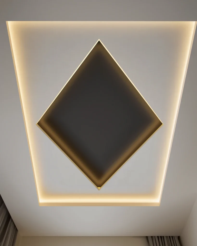 Diamond-shaped tray ceiling with a dark inset panel and warm cove lighting