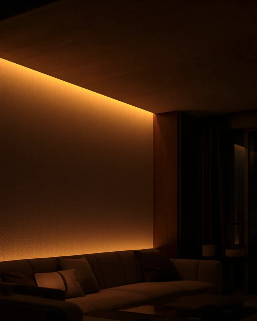 Dimmed cove lighting glowing along the ceiling of a living room in the evening