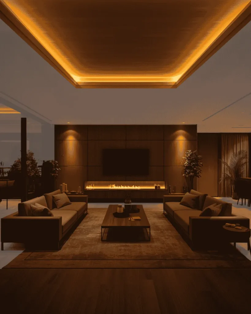 Finished tray ceiling with warm cove lighting over a living room at night