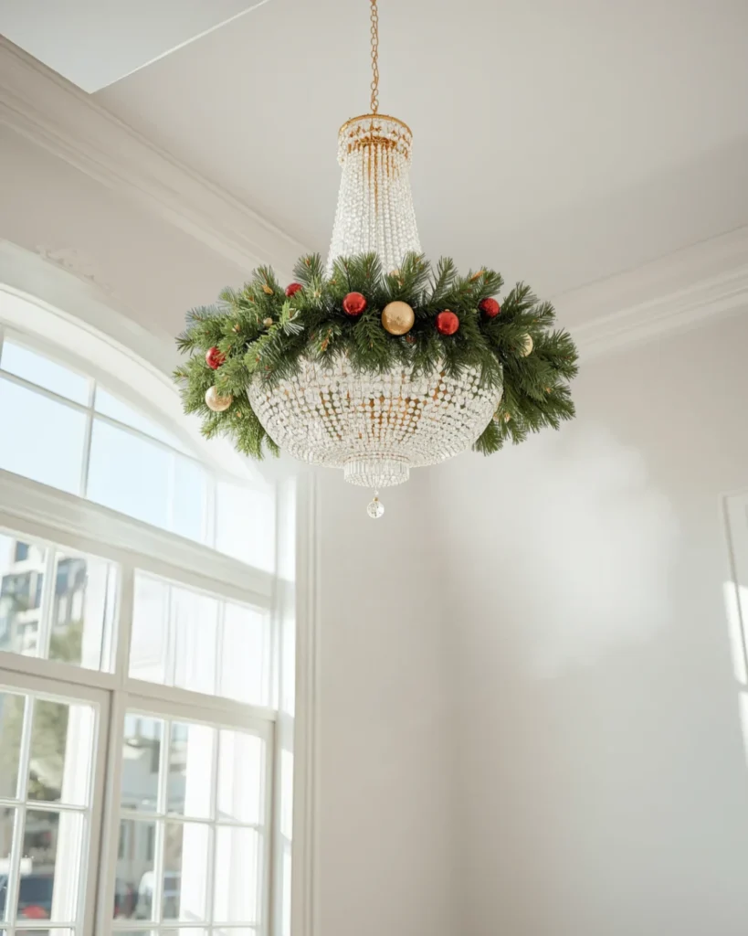 Elegant crystal chandelier wrapped completely with lush green pine garland and red and gold Christmas ornaments in a bright room