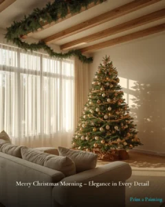 Bright sunlit modern living room with exposed wood ceiling beams styled with pine garland and a decorated Christmas tree by the fireplace