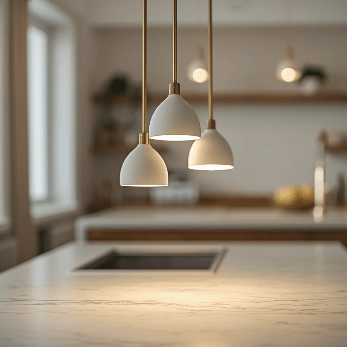 Cluster of three matching pendant lights hanging above a marble kitchen island