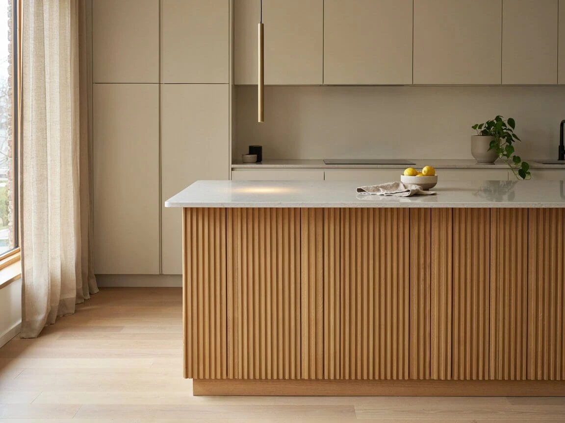 Kitchen island with fluted wood panel base contrasting simple white countertop