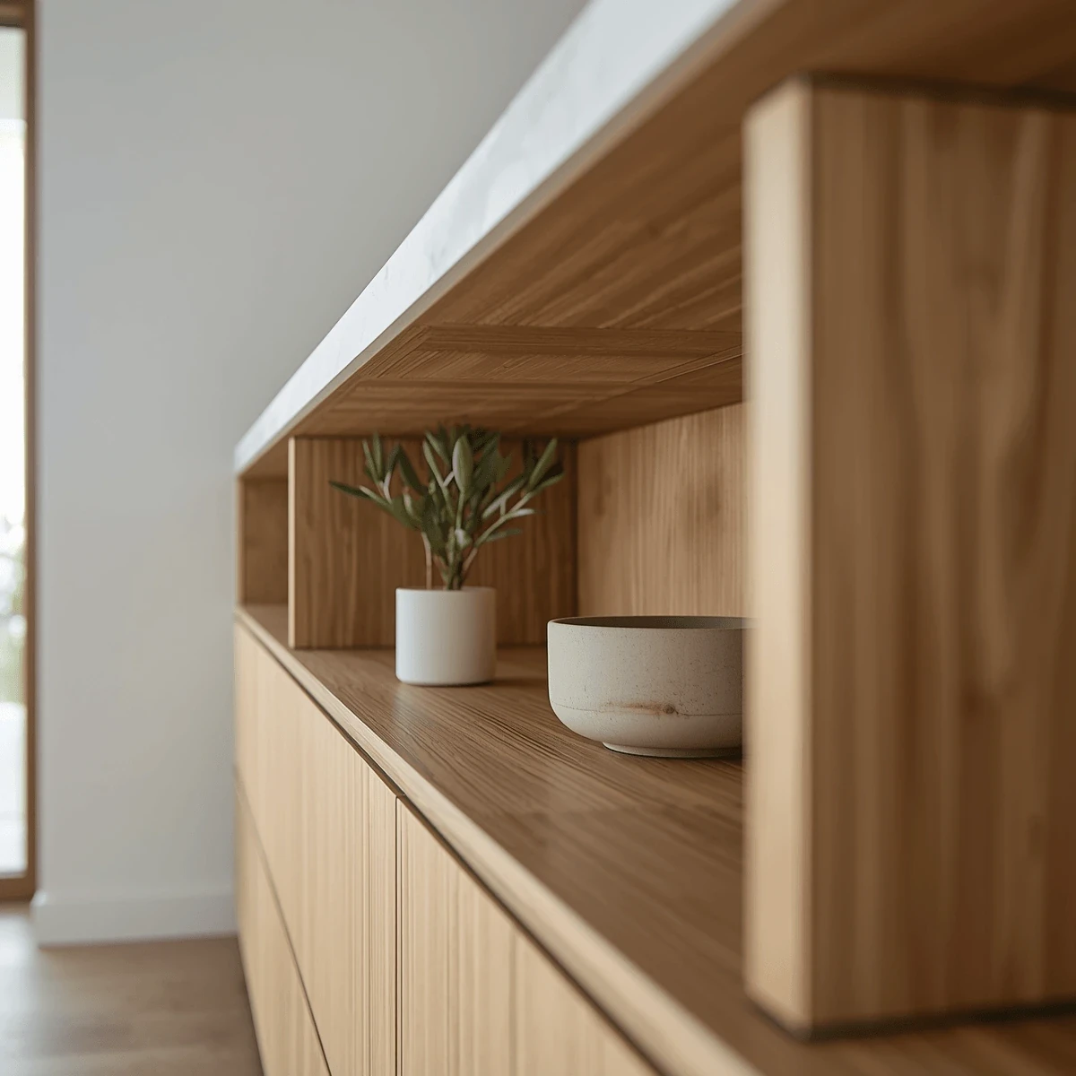 Open wood shelving on a kitchen island styled with a small plant and ceramic bowl