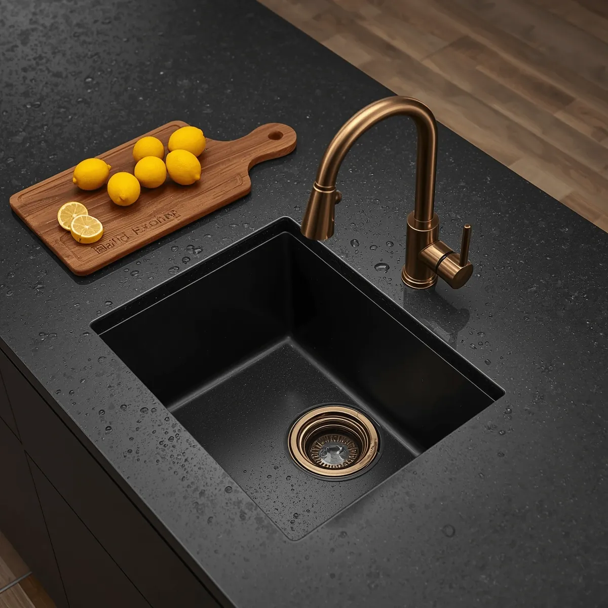 Black granite prep sink on a kitchen island with brushed gold faucet and cutting board