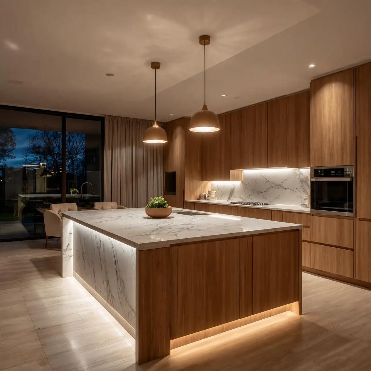 Modern luxury kitchen island with marble countertop, warm wood cabinetry, and ambient evening pendant lighting
