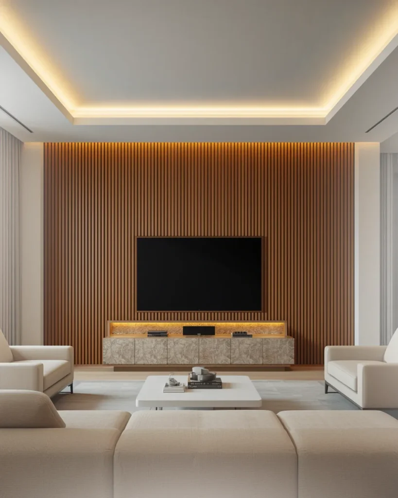 Rectangular ceiling border with cove lighting above a wood-slat media wall