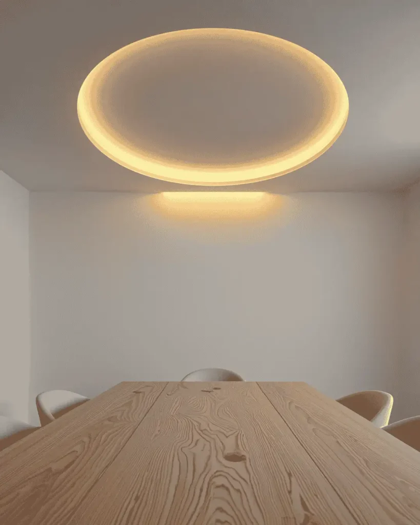 Single circular tray ceiling with warm LED cove lighting above a wooden dining table