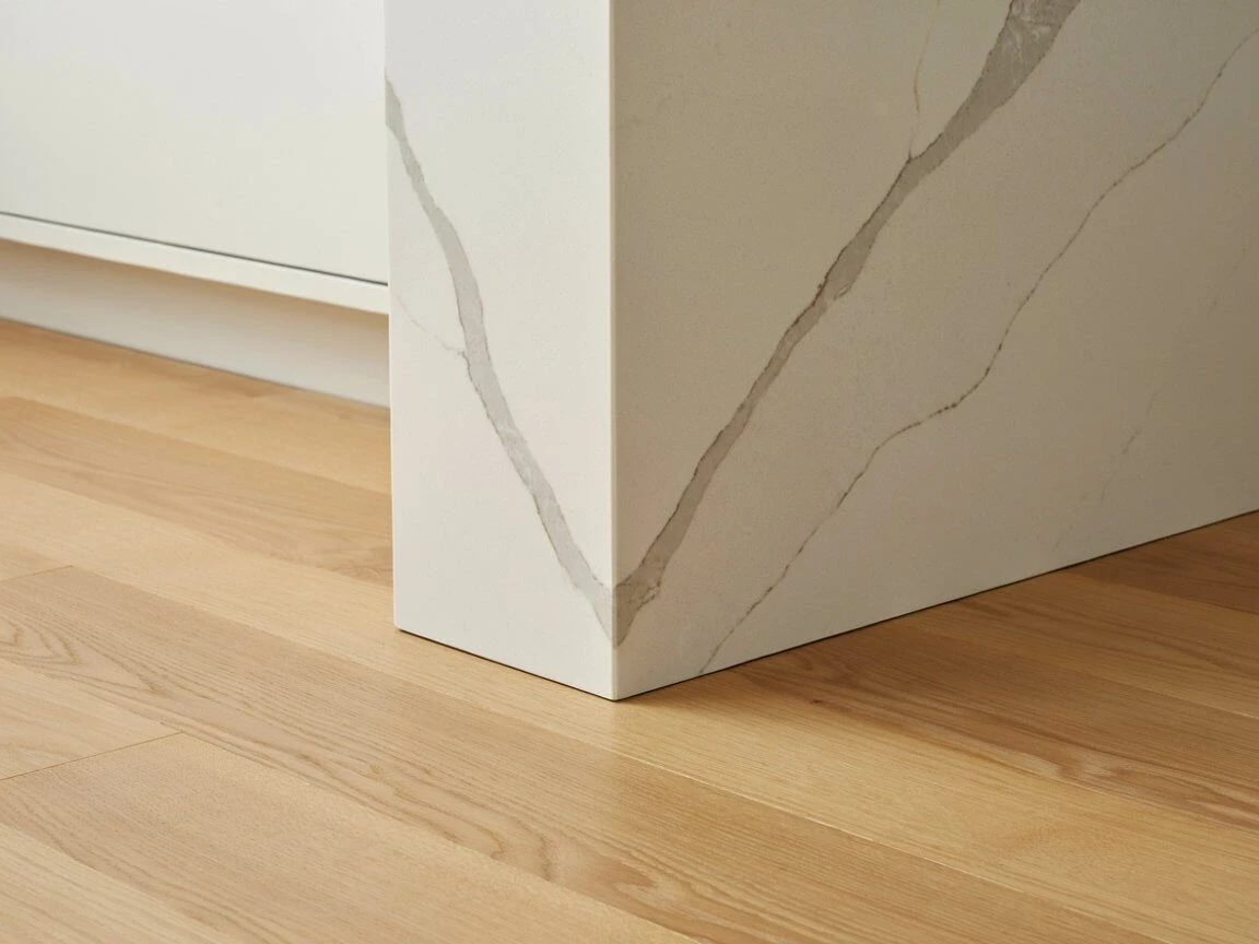 Close-up of a waterfall-edge quartz countertop corner on a modern kitchen island