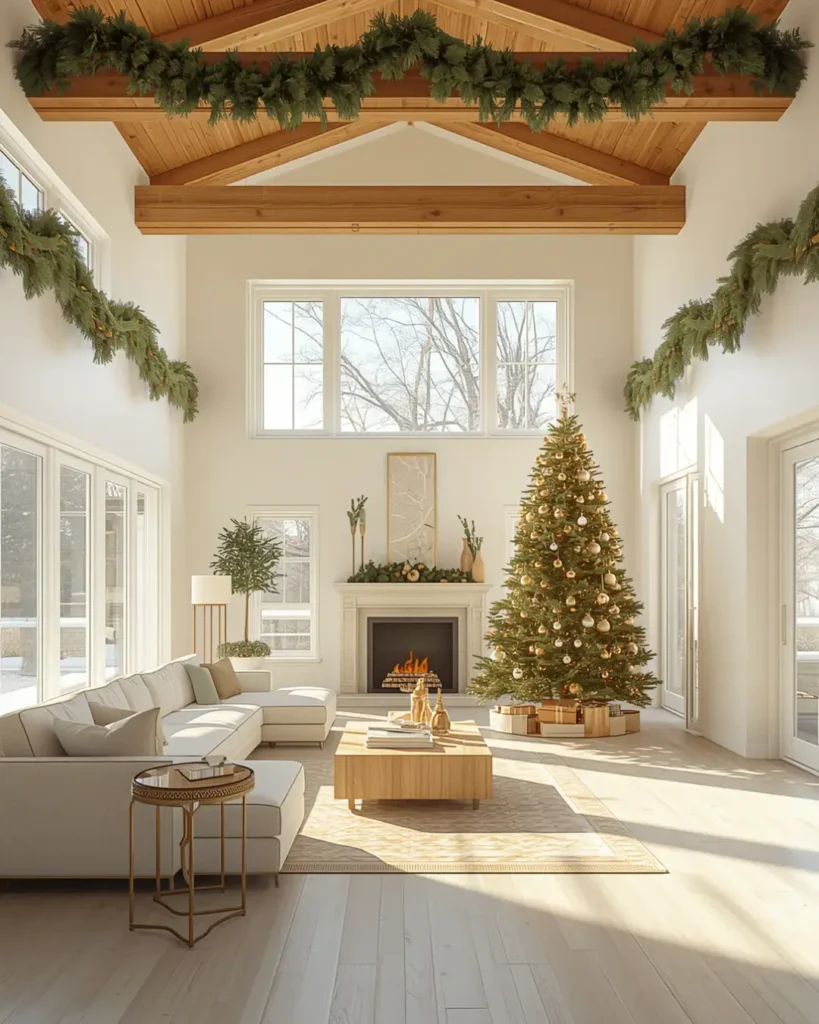 Bright sunlit modern living room with exposed wood ceiling beams styled with pine garland and a decorated Christmas tree by the fireplace