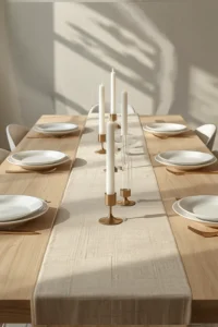 Minimalist Thanksgiving dining table setup with a flat linen runner, low brass candle holders, and clear sightlines across the table.