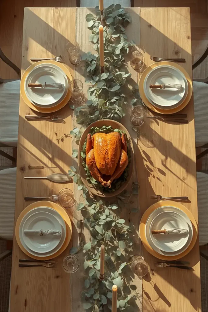 Overhead view of a functional Thanksgiving dinner table with roasted turkey, flat eucalyptus garland, plates, and dedicated space for serving dishes.