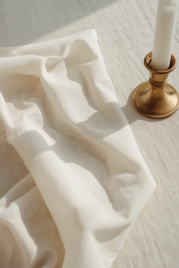 Close-up of a textured white cheesecloth runner hand-scrunched naturally and anchored by a matte brass candle holder.