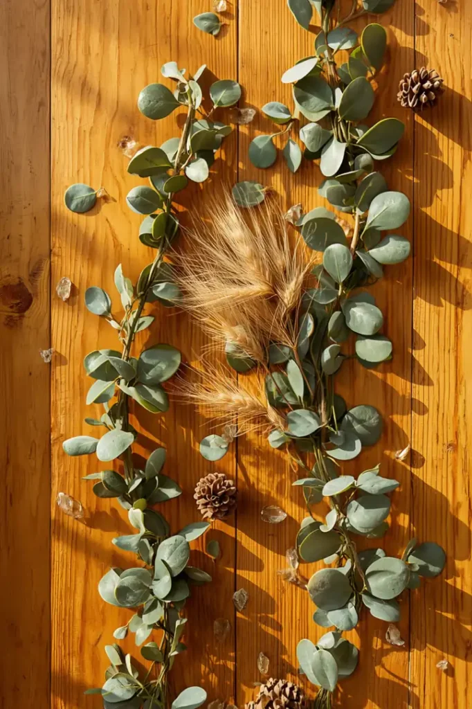 Detailed view of double-layered faux eucalyptus greenery combined with dried wheat stalks and real pinecones on a natural wood surface.