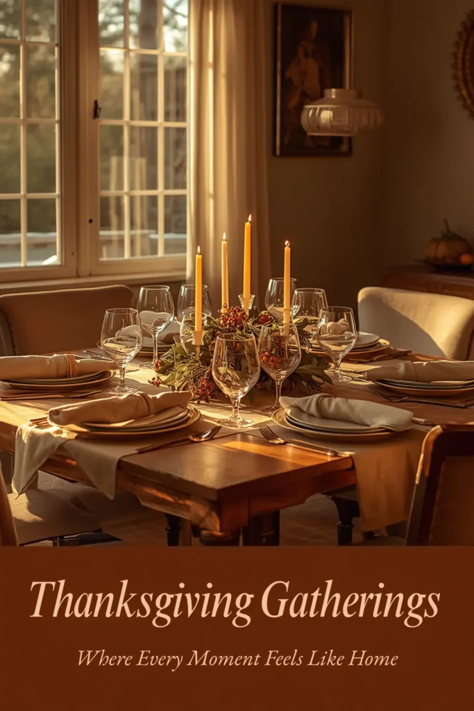 Warmly lit Thanksgiving dining table setting with glowing taper candles, wine glasses, and a low autumn greenery centerpiece.